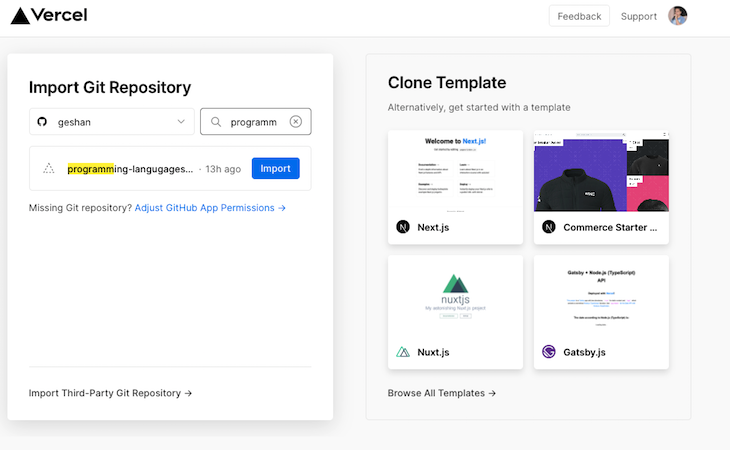 Vercel New Project Homepage Clone Template Import Git Repository