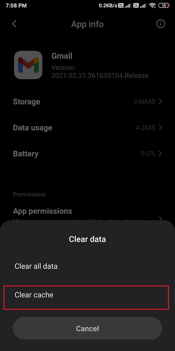 Selecione limpar cache e clique em OK | Corrigir e-mail preso na caixa de saída do Gmail