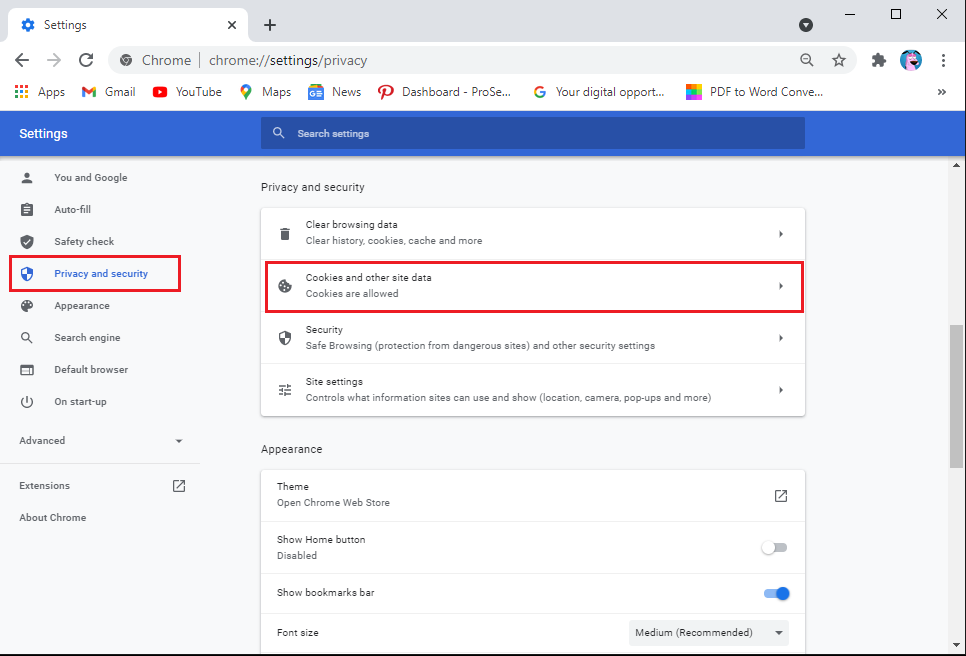 Ir para cookies e outros dados do site