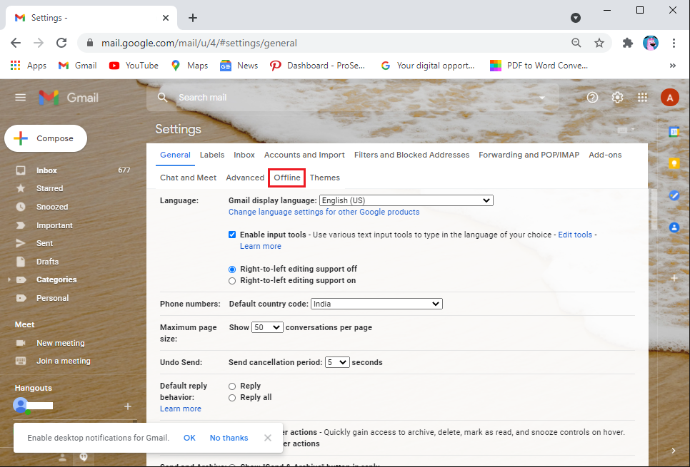 Vá para a guia off-line no painel superior