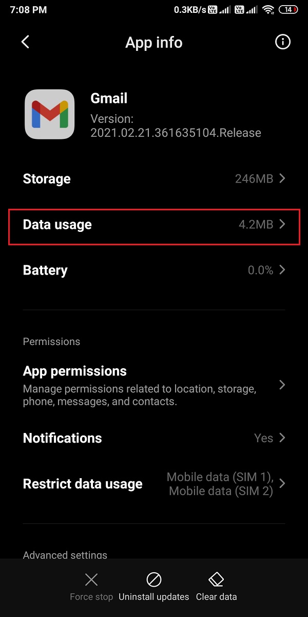 Clique em uso de dados ou dados móveis | Corrigir e-mail preso na caixa de saída do Gmail