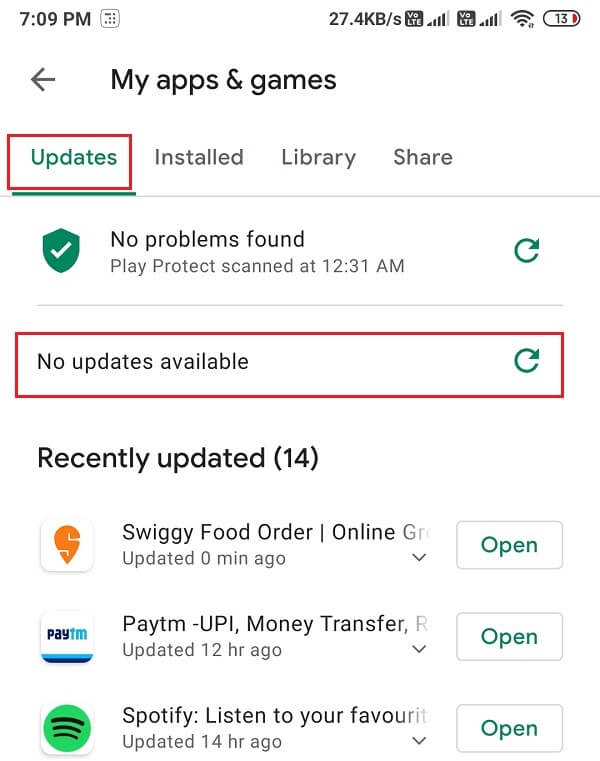 Clique em atualizar para instalar as novas atualizações