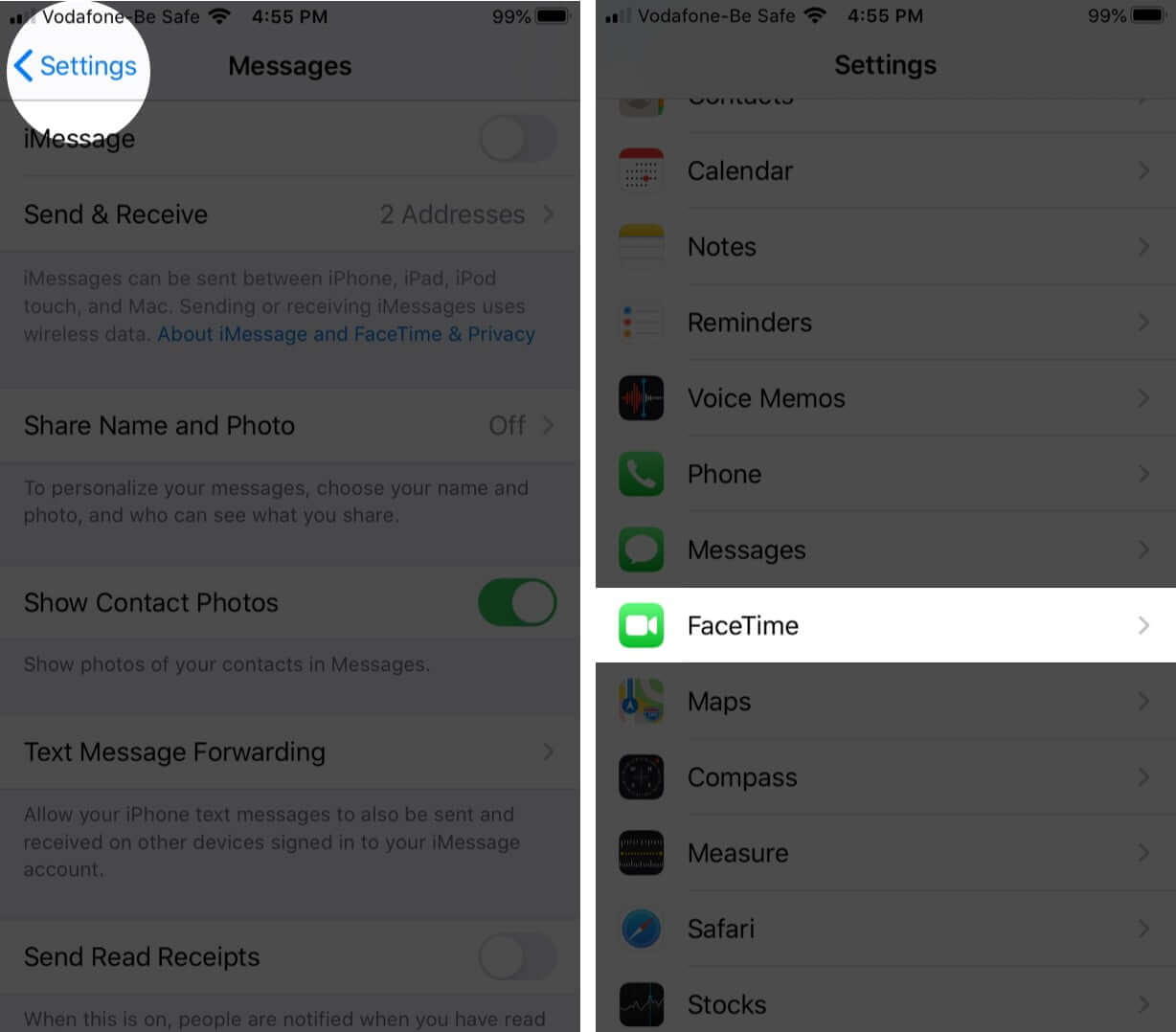 go volte às configurações e toque em facetime