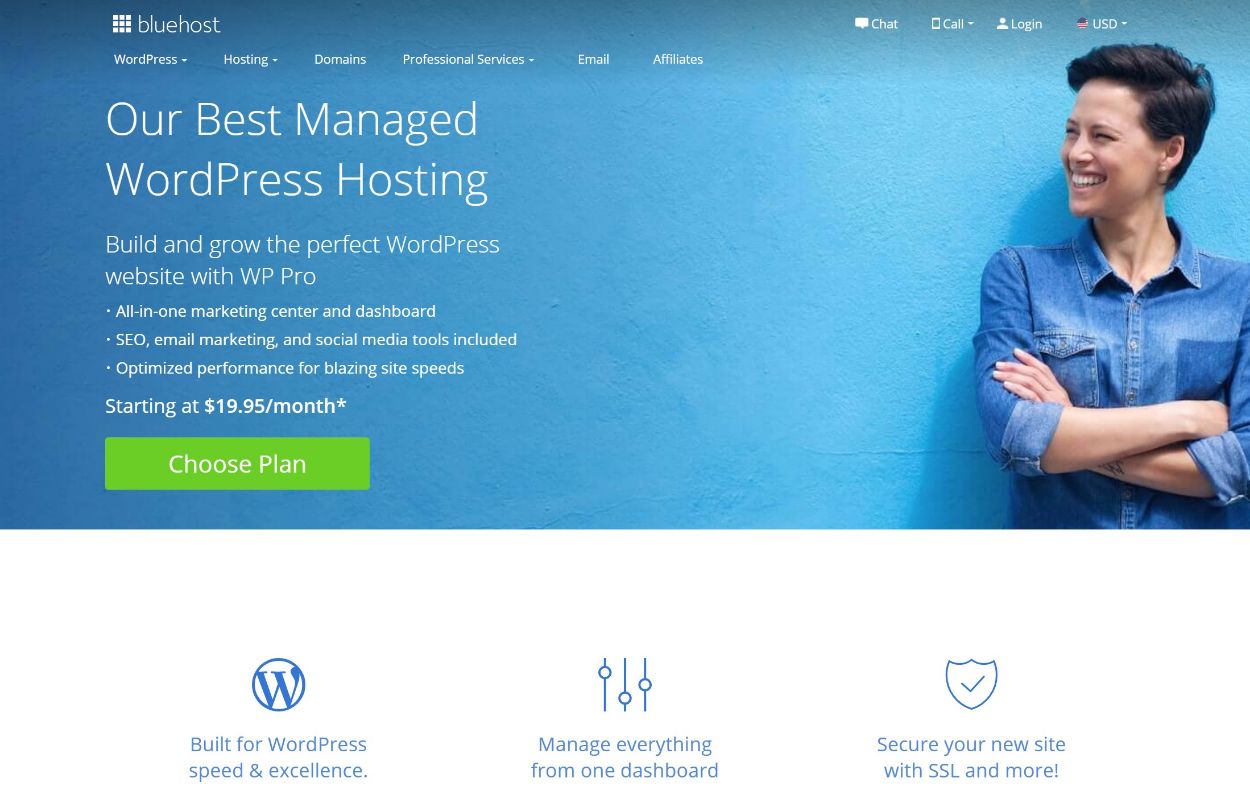 Hospedagem WordPress gerenciada por Bluehost WP Pro