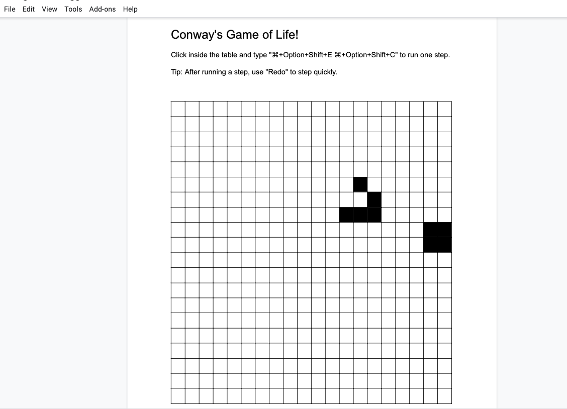 Jogo de Conways of Life Google Docs