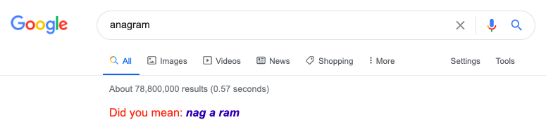 Como acionar este ovo de Páscoa: Digite [anagrama] ou [definir anagrama] no Google.