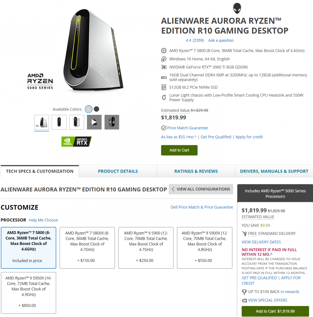 AMD Ryzen 9 5900 e Ryzen 7 5800 OEM Desktop PCs Alienware Aurora Ryzen Edition Desktop PCs