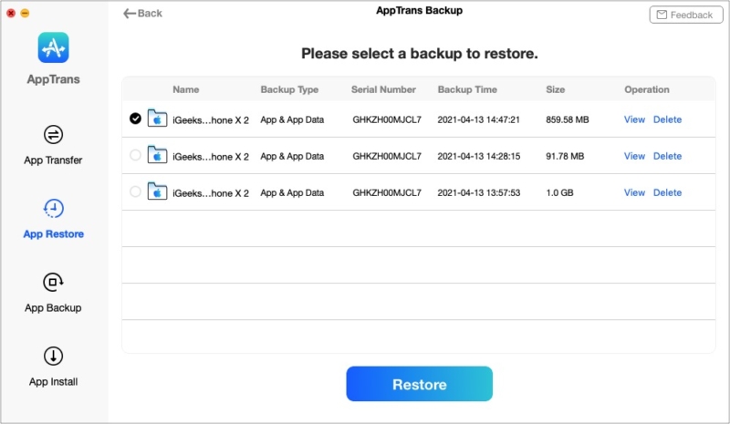 Selecione um backup para restaurar via AppTrans