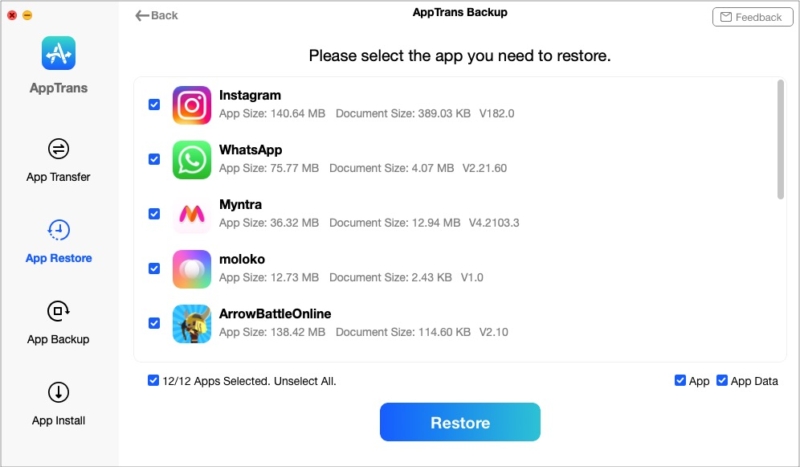 Selecione todos os aplicativos ou aplicativos desejados para restaurar via AppTrans