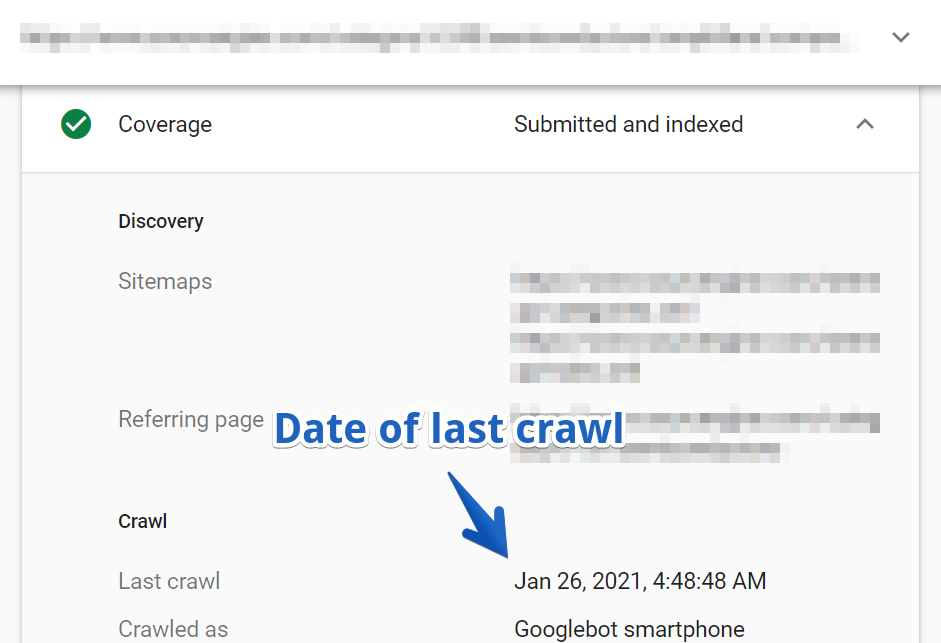 A ferramenta de inspeção de URL do Google Search Console permite que você procure a última data de rastreamento de um determinado URL..