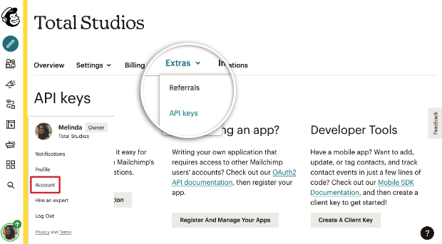 opção de chaves API em Mailchimp