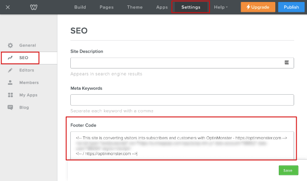 Adicionar código de rodapé nas configurações de seo Weebly