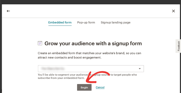 Começar a criar formulário de inscrição em mailchimp