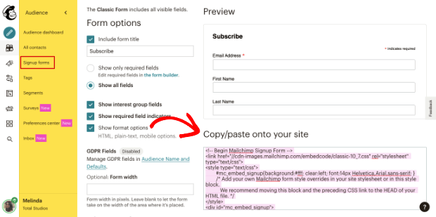 Formulário de inscrição Mailchimp embed code