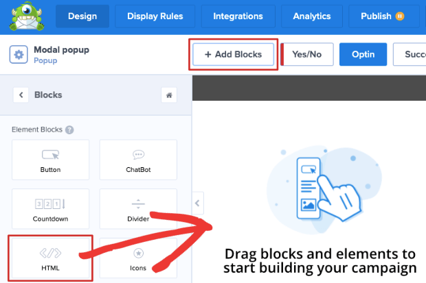 adicionar bloco html OptinMonster
