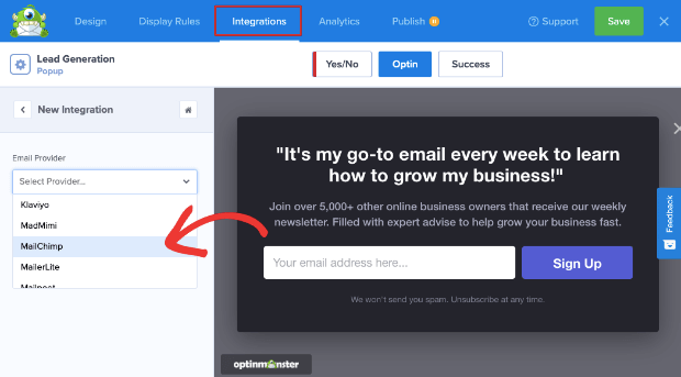 Opções de integração em OptinMonster