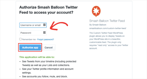 autorizar balão de quebra de feed do Twitter personalizado do aplicativo
