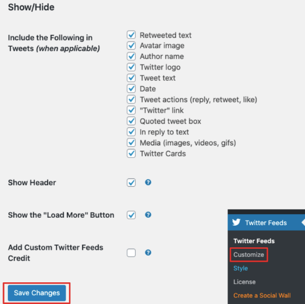 Mostrar opções de ocultação de balão de quebra de feed de Twitter personalizado