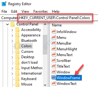 Editor do Registro Navegar para Colors Windowframe