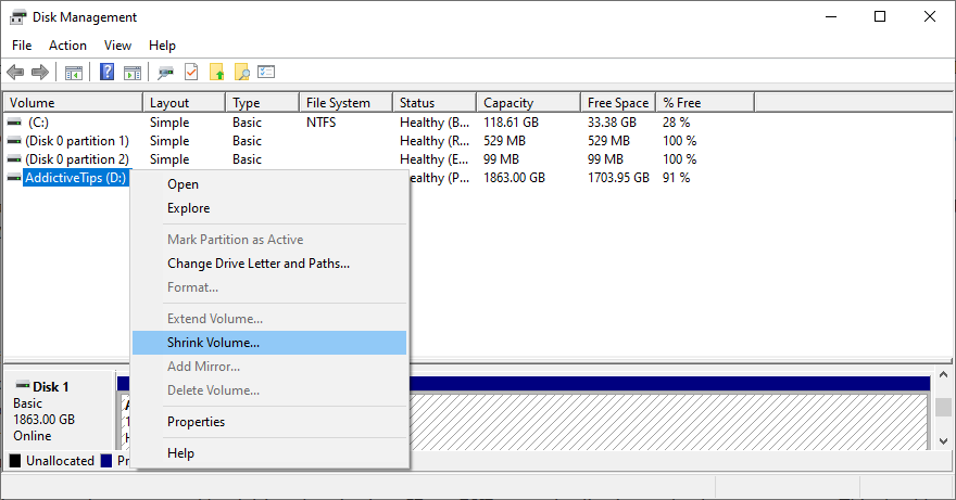 O Windows mostra como reduzir um volume usando o Gerenciamento de disco