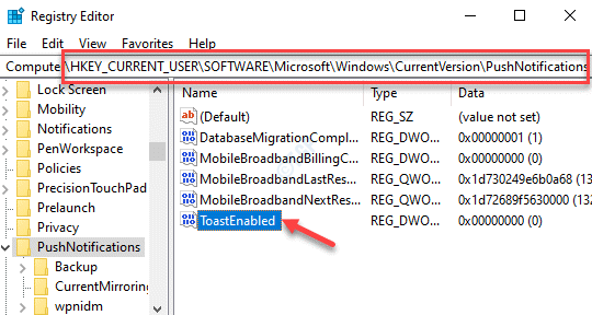 Editor de Registro Pushnotifications Toastenabled Double Click