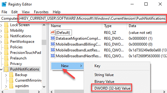 Editor do Registro Navegar para Pushnotifications New Dword (32 bits) Valor Min