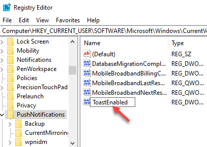 Editor do Registro Renomear Novo Dword Toastenabled