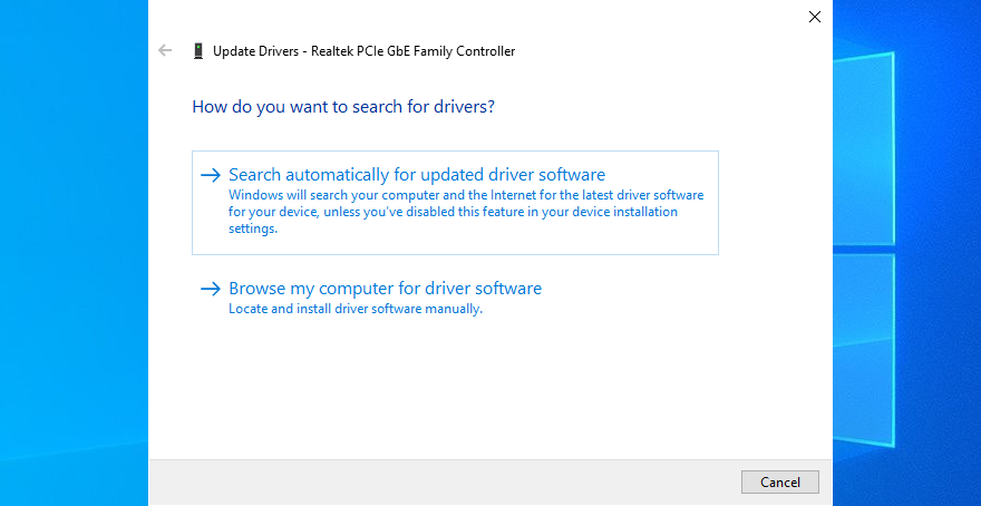 O Windows 10 mostra como pesquisar automaticamente software de driver de rede atualizado