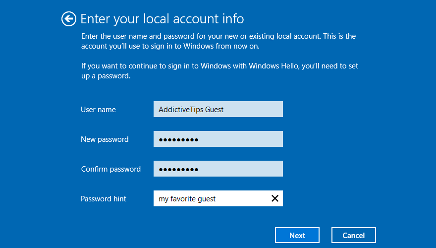 O Windows 10 mostra como inserir informações da conta local