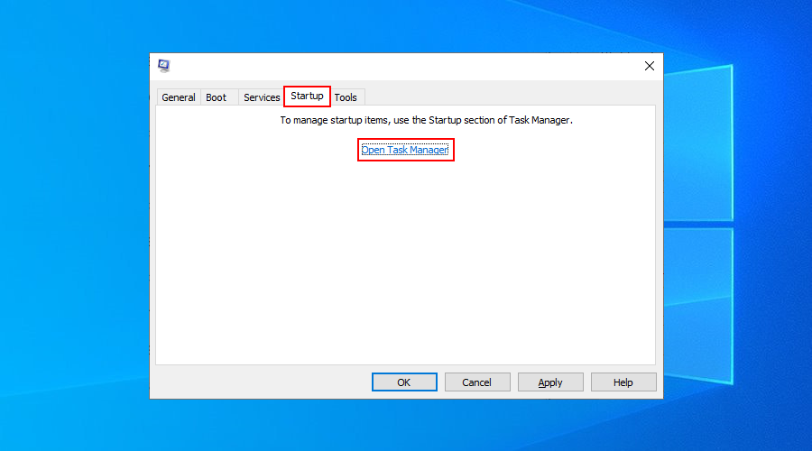 Windows 10 shows how to open Task Manager from the System Configuration app