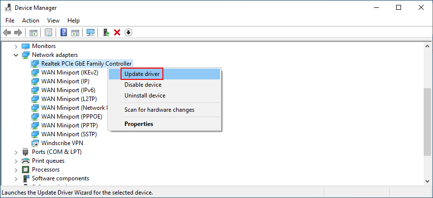 Device Manager mostra como atualizar o driver de rede
