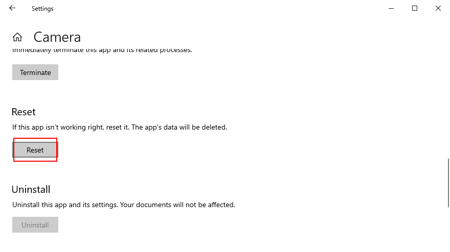 Windows 10 shows how to reset the Camera app