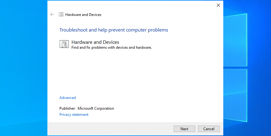 Windows 10 shows how to run the Hardware and Devices troubleshooter