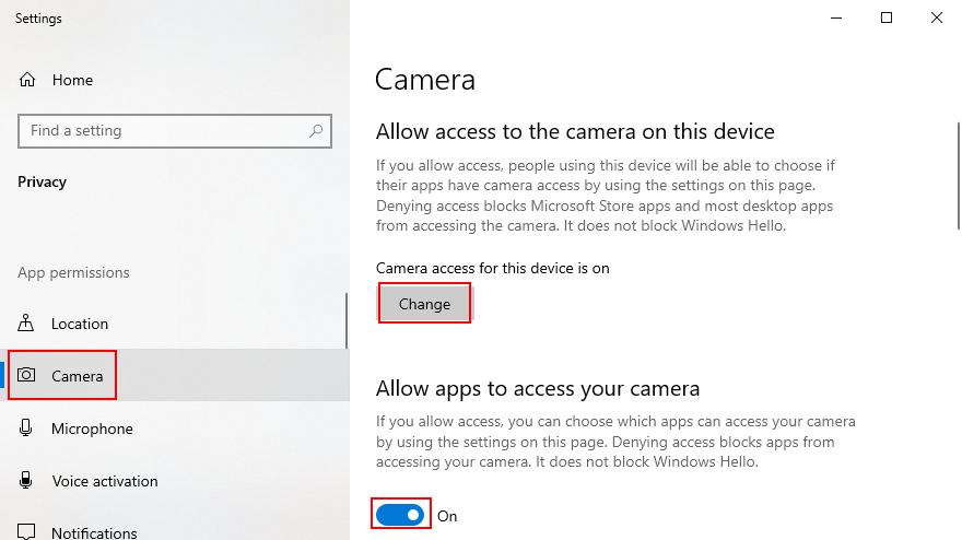 O Windows 10 mostra como habilitar as permissões do aplicativo Camera