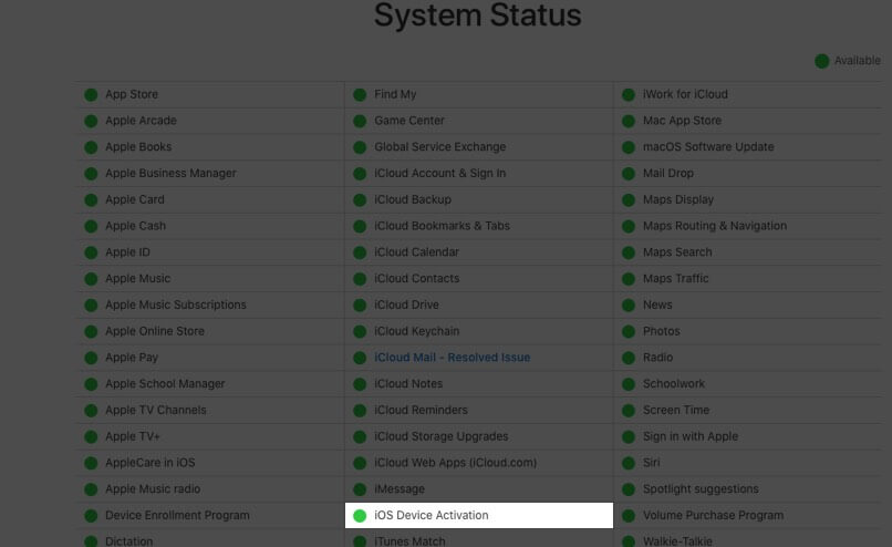 verificar o status do servidor para ios ativação do dispositivo no site da apple