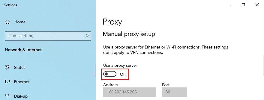 O Windows 10 mostra como desativar a configuração manual do proxy