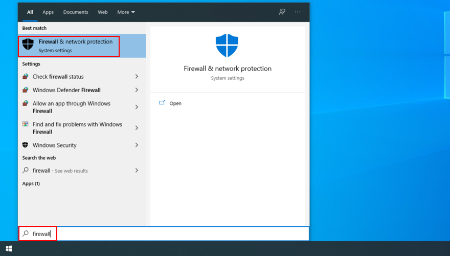 Windows 10 shows how to search for Firewall and Network Protection