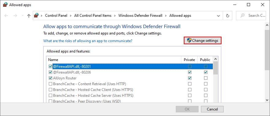 Windows 10 shows how to change app firewall settings