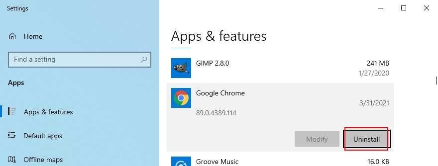 O Windows 10 mostra como desinstalar o Google Chrome