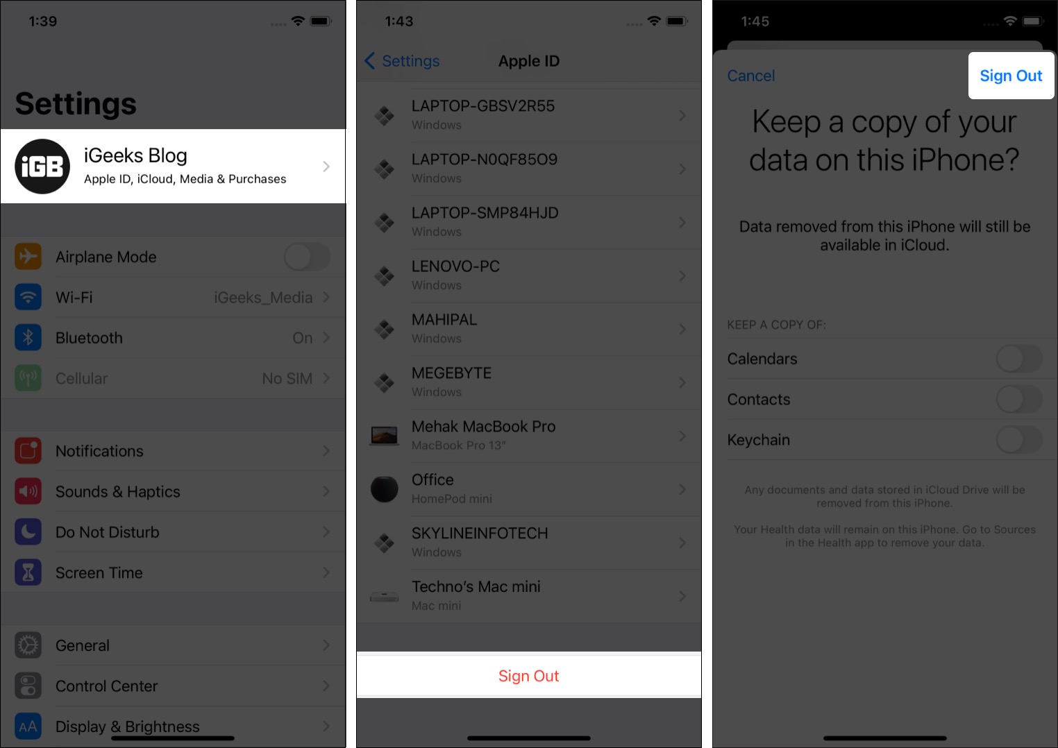 Saia do iCloud no seu iPhone por meio do aplicativo Ajustes