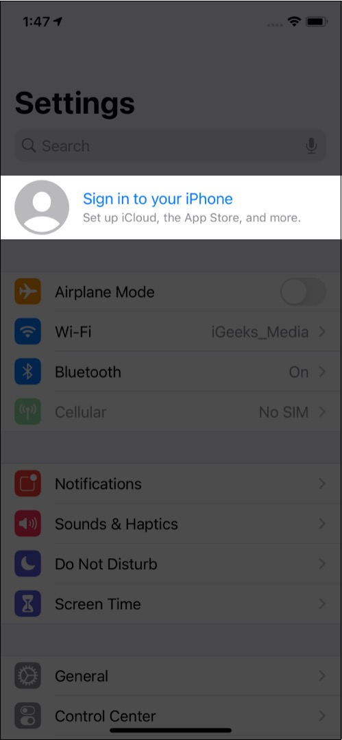 Abra as configurações do iPhone e toque em Entrar no seu iPhone