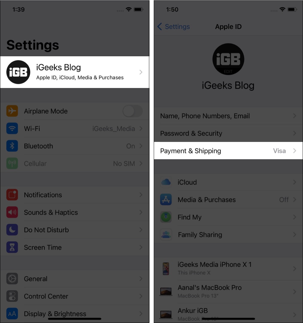 Atualizar informações de ID da Apple, como frete e pagamento, do aplicativo Configurações do iPhone