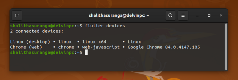 Captura de tela do comando de dispositivos Flutter