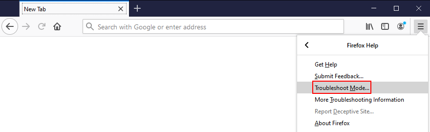 Mozilla Firefox mostra como acessar o modo de solução de problemas a partir do menu