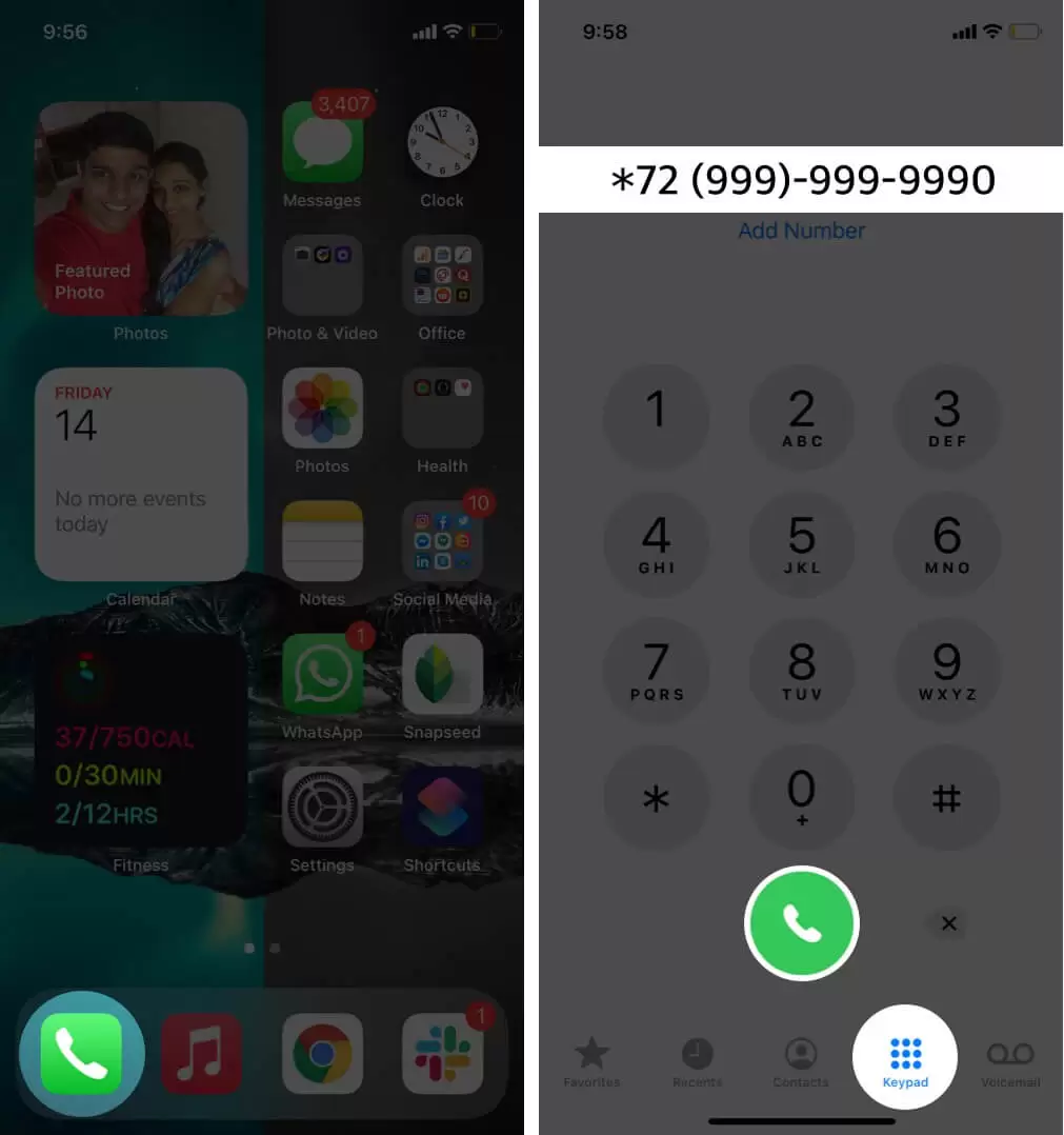 aplicativo de telefone aberto toque no teclado tipo número e toque em discar no iphone