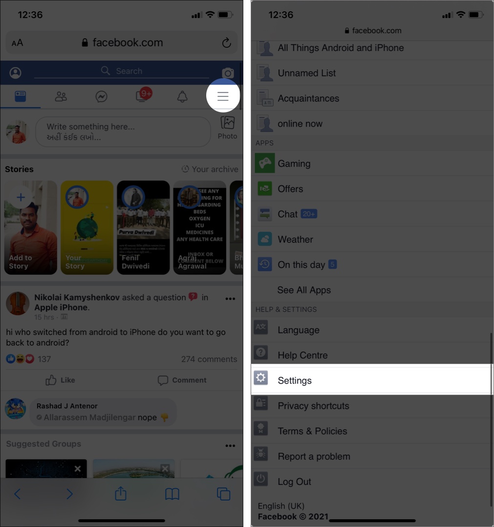 Toque no menu de hambúrguer e em Configurações no Facebook no navegador móvel