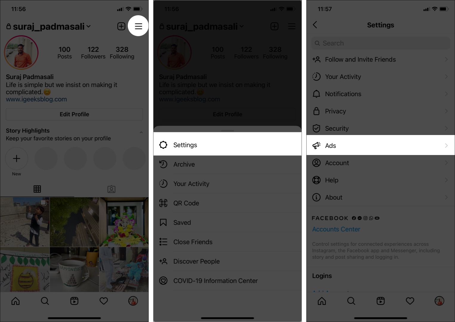Vá para o seu perfil do Instagram, toque em configurações e anúncios
