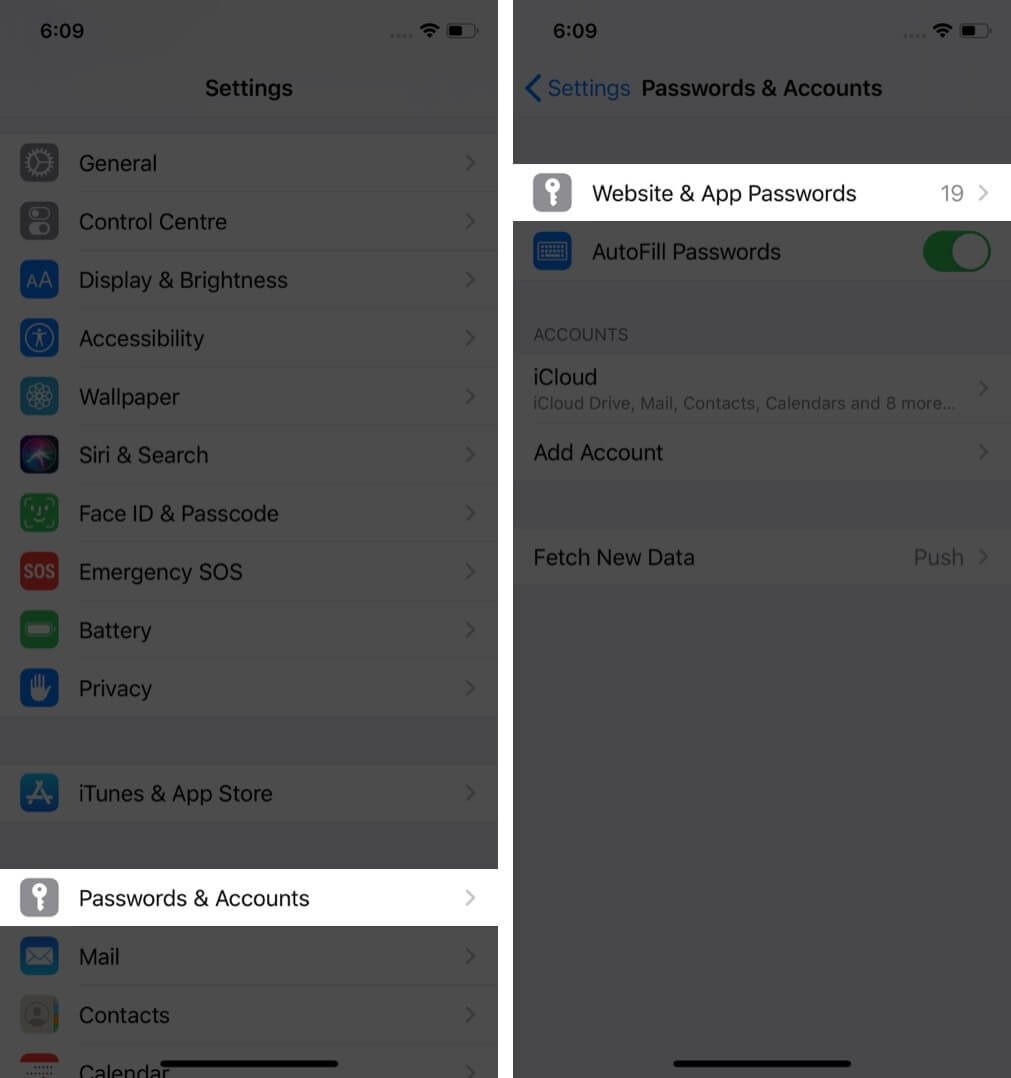 toque em senhas e contas e, em seguida, toque nas senhas do site e do aplicativo nas configurações do iphone