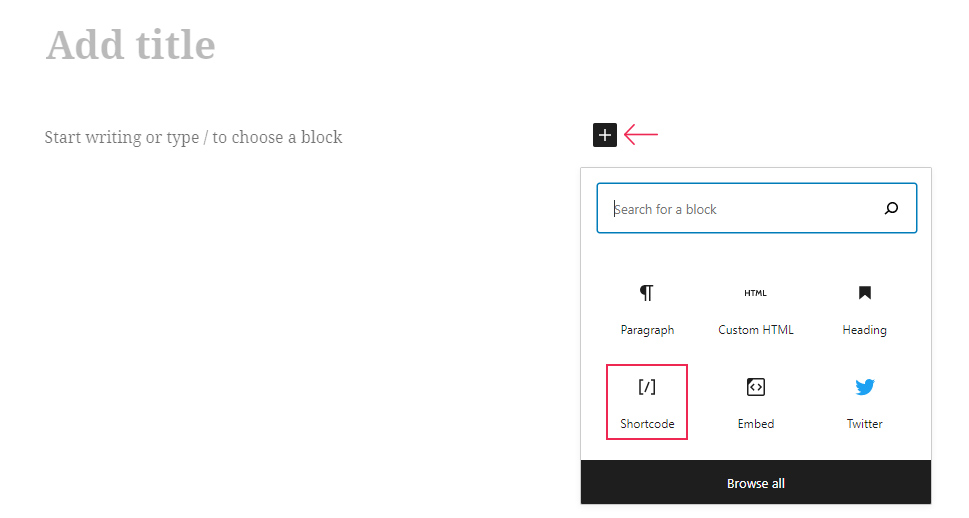 Adicionar bloco de shortcode