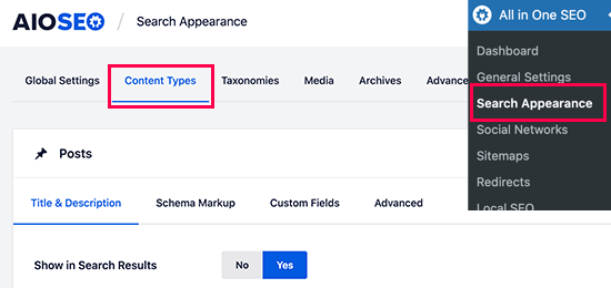 Definindo tipos de postagem no All in One SEO Definindo tipos de postagem in All in One SEO